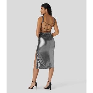 ✨ HALARA Softlyzero Faux Leather Backless Crisscross Lace Split Foil Dress ✨